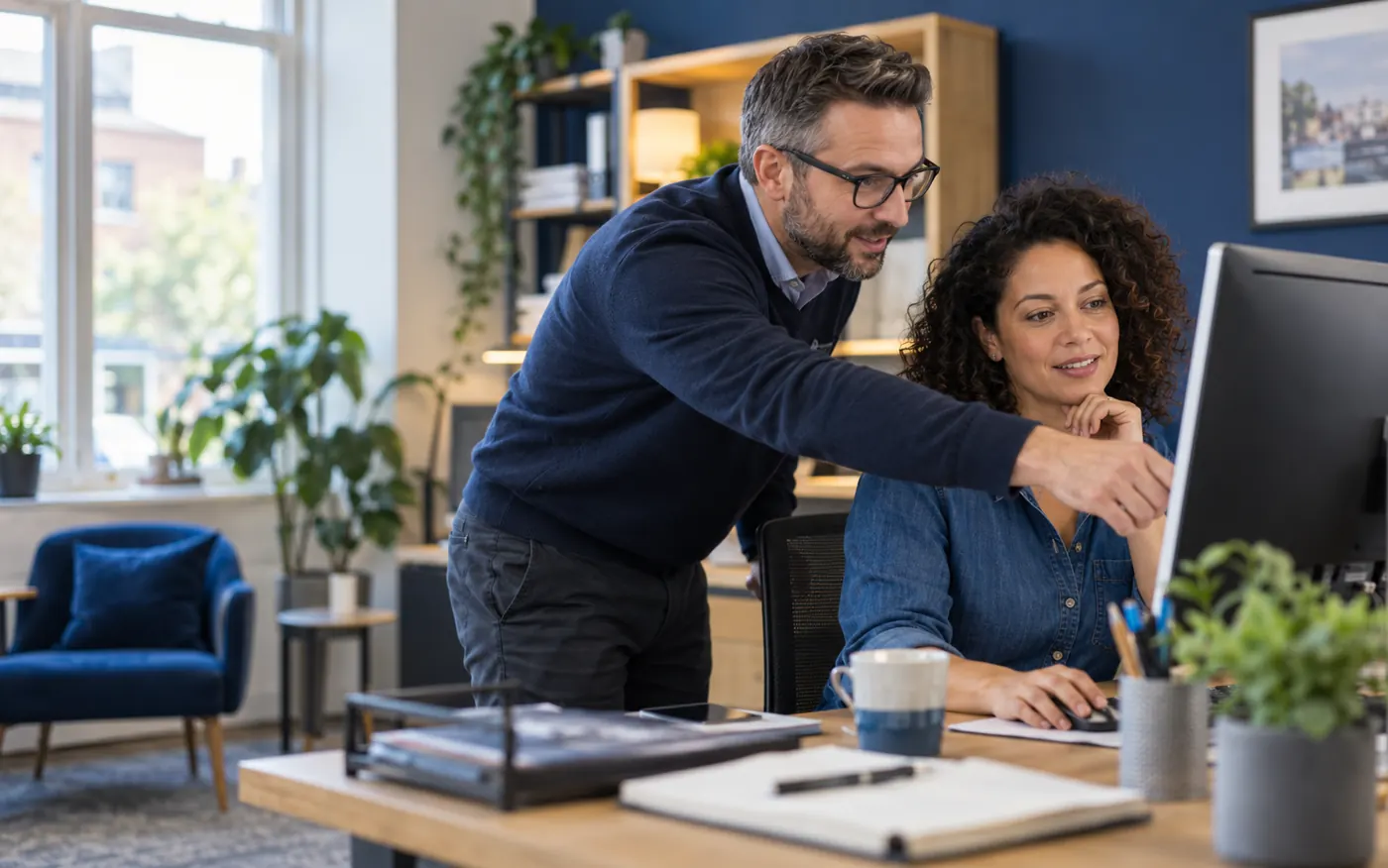IT support professional helping a business owner